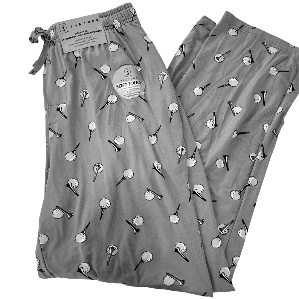 PGA TOUR Mens Golf Ball Tee Print Pajama Pants Grey Soft Touch Size Medium